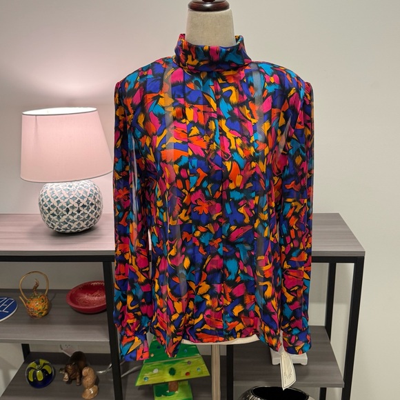 NICOLA Tops - Vintage NICOLA Abstract Print High-Neck Blouse | Size 10 | NWT | Made in Korea